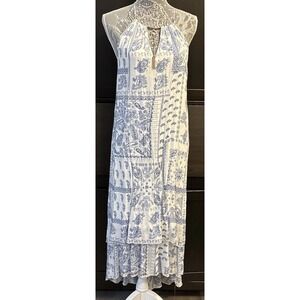 Mlle Gabrielle Blue White Paisley Print Necklace Neck Vacation Resort Beachy L